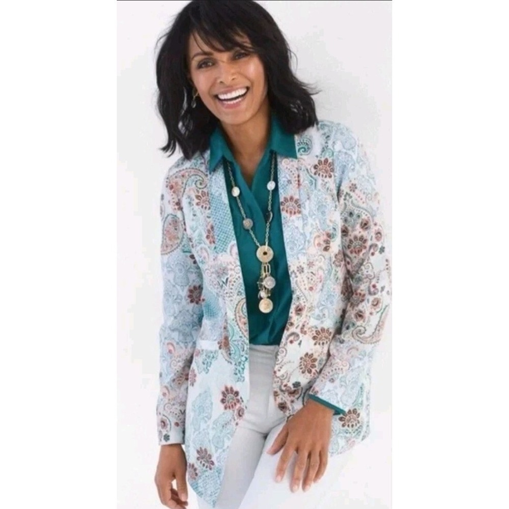 Chicos Moroccan Elegance Open Blazer Paisley Floral Resort L 12/14 Boho Casual